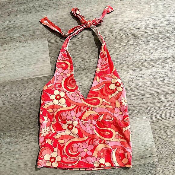 Hollister Pink Retro 70’s Floral Halter Top Size XS - Picture 2 of 7